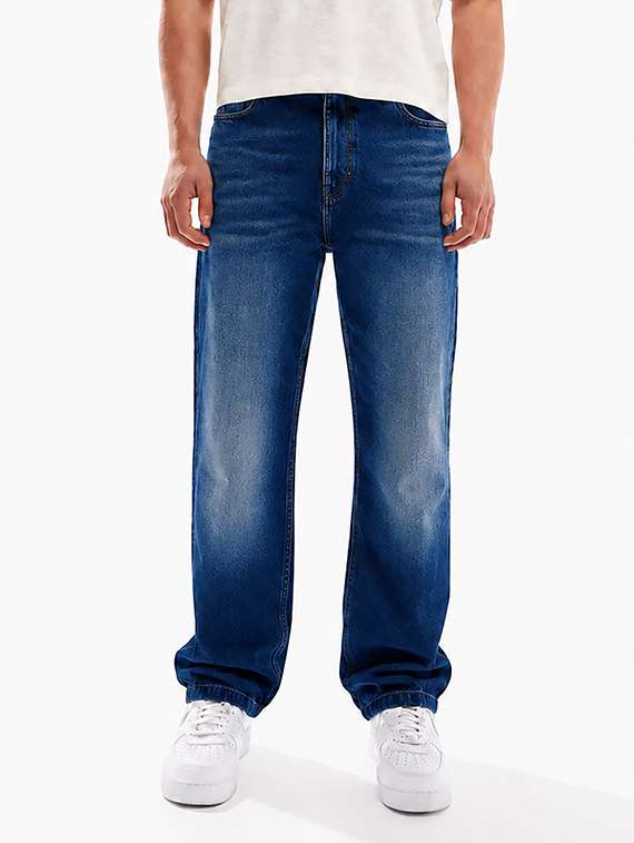 men washed mid rise full length baggy jeans