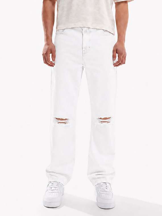 men slash knee mid rise full length baggy jeans