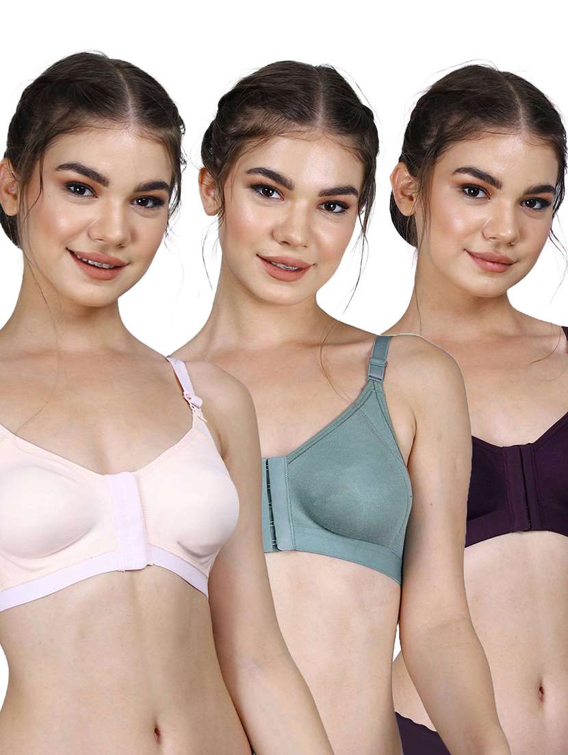 women pack of 3 solid full coverage front open bra
