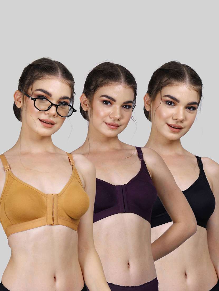 women pack of 3 solid full coverage front open bra