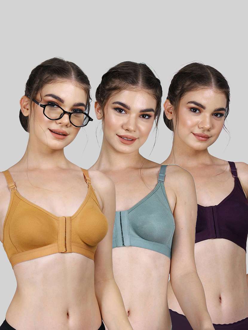 women pack of 3 solid full coverage front open bra