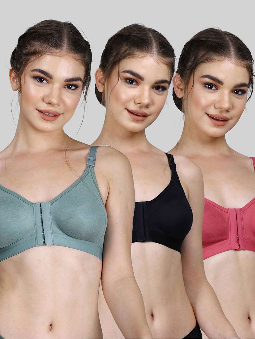 women pack of 3 solid full coverage front open bra