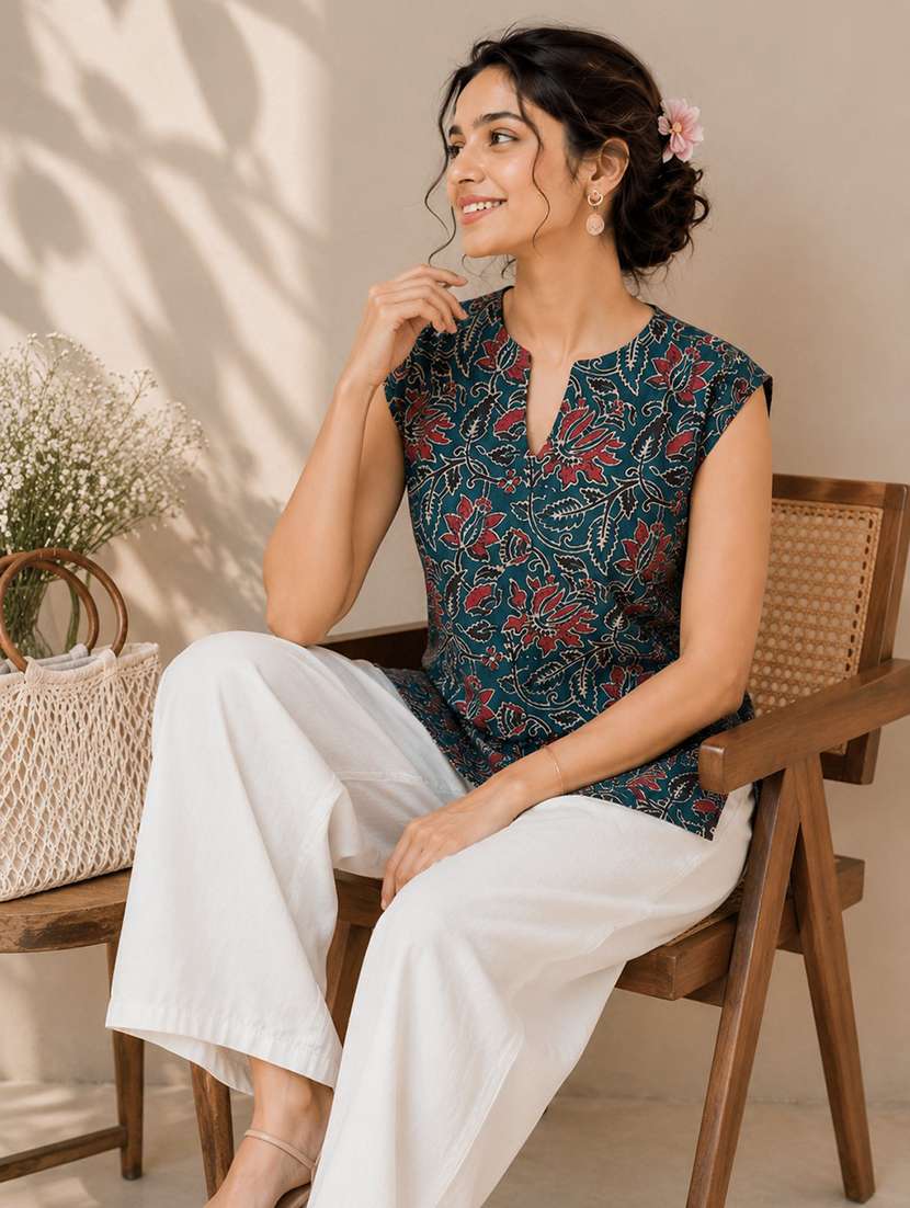 women printed sleeveless straight kurti