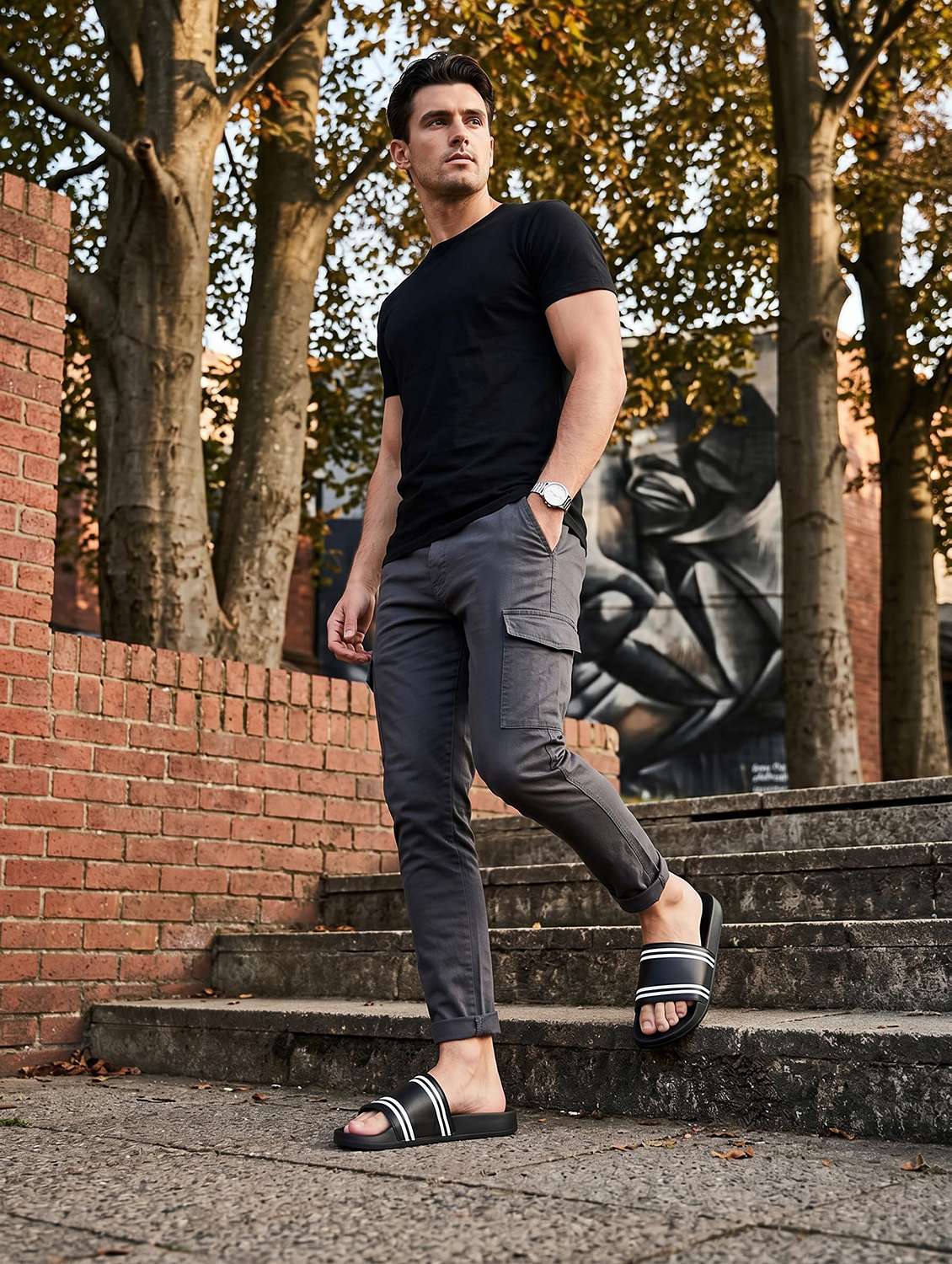 Men Striped Slip On Slider - 22581995 -  Standard Image - 3