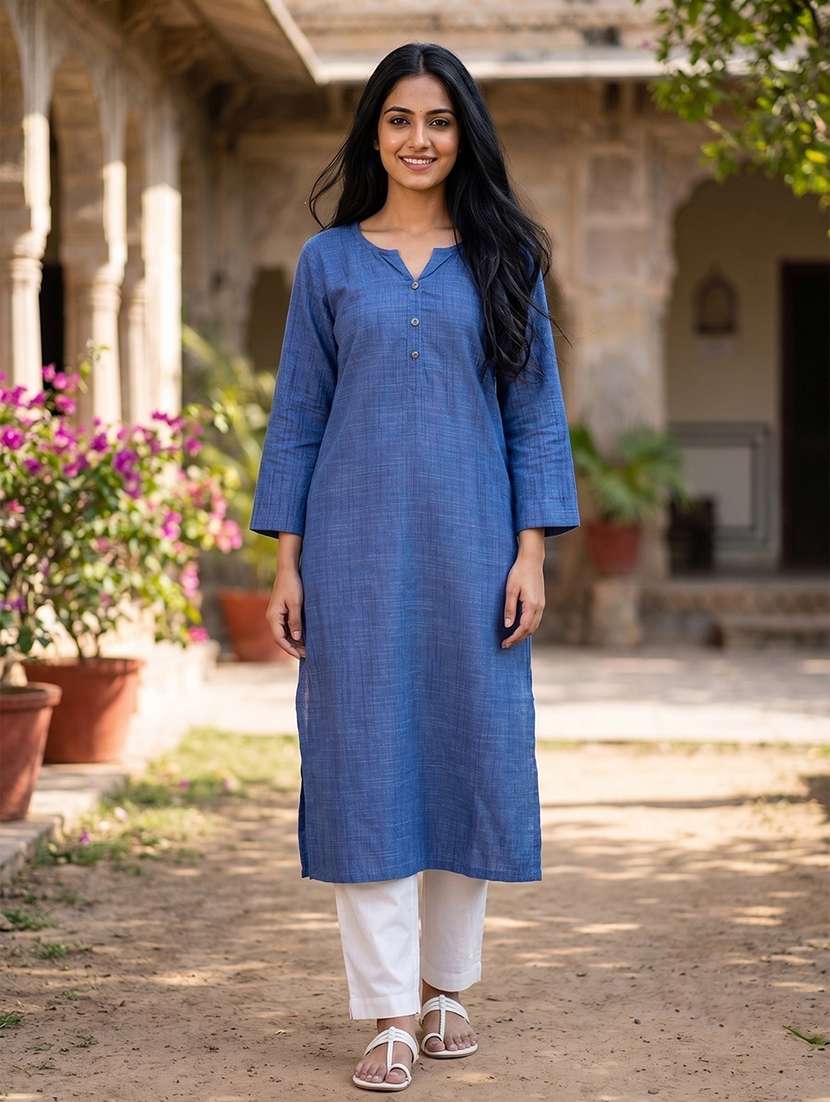 women solid three quarter sleeves straight kurta