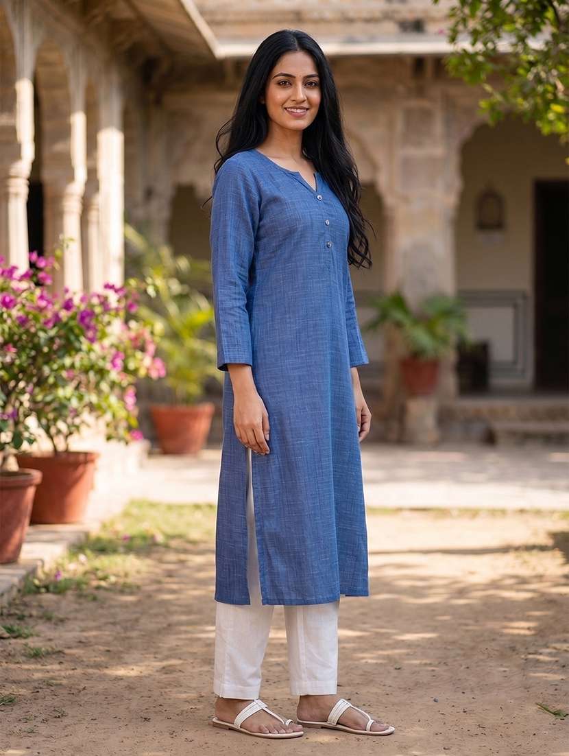 Women Solid Three Quarter Sleeves Straight Kurta - 22582483 -  Standard Image - 5