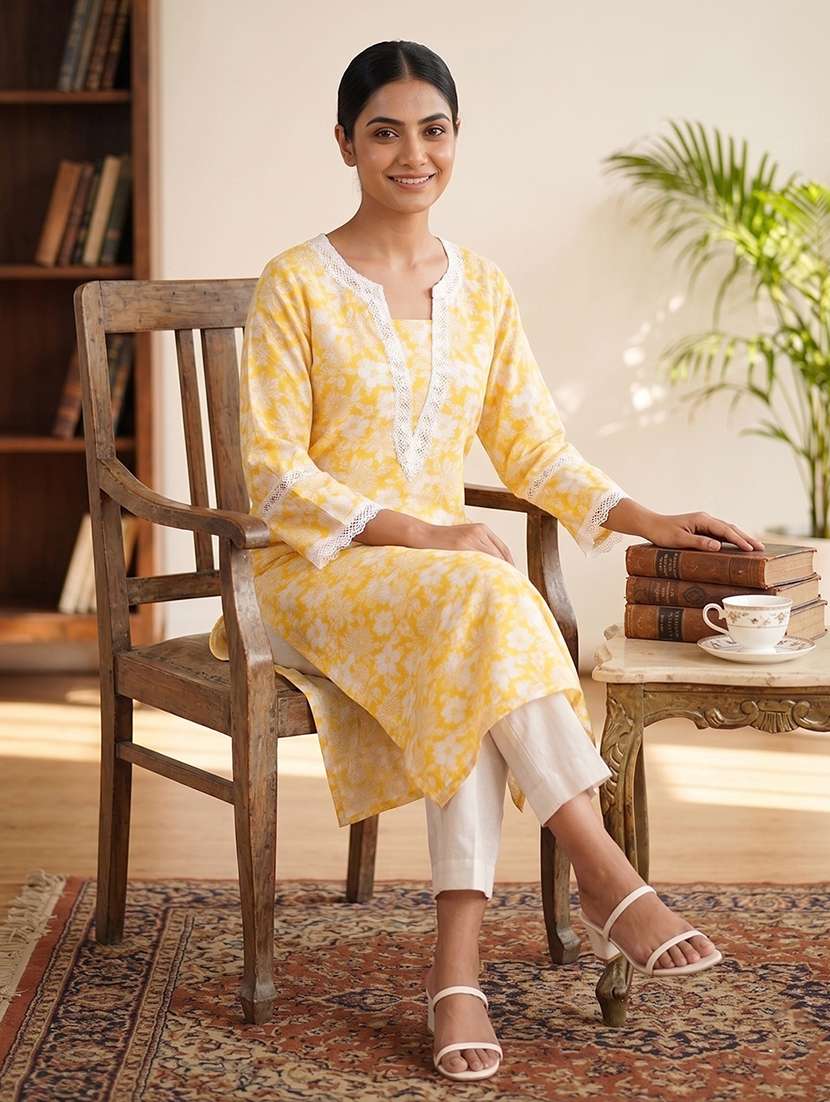 women printed three quarter sleeves straight kurta - 22582493 -  Standard Image - 5