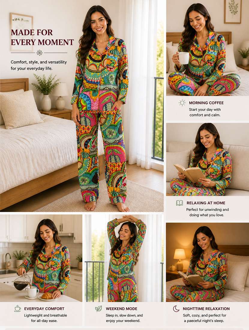 women printed long sleeves pyjama set - 22582516 -  Standard Image - 5