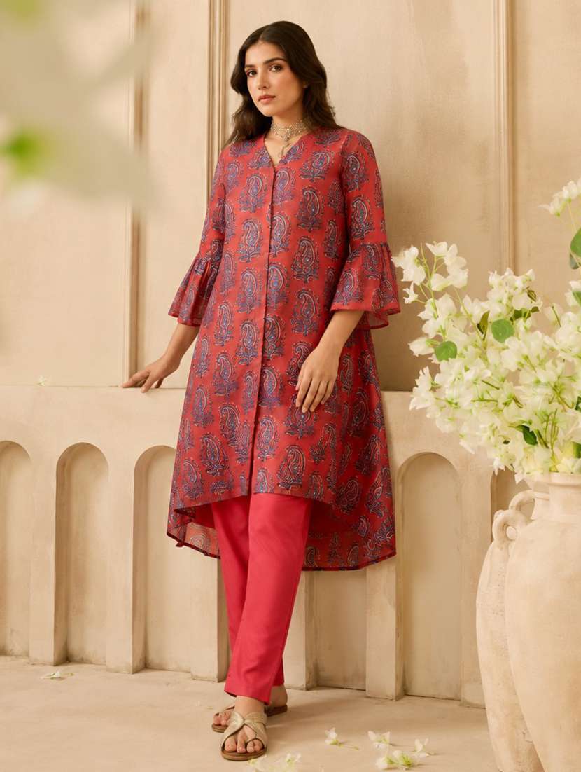 women printed bell sleeve kurta pant set