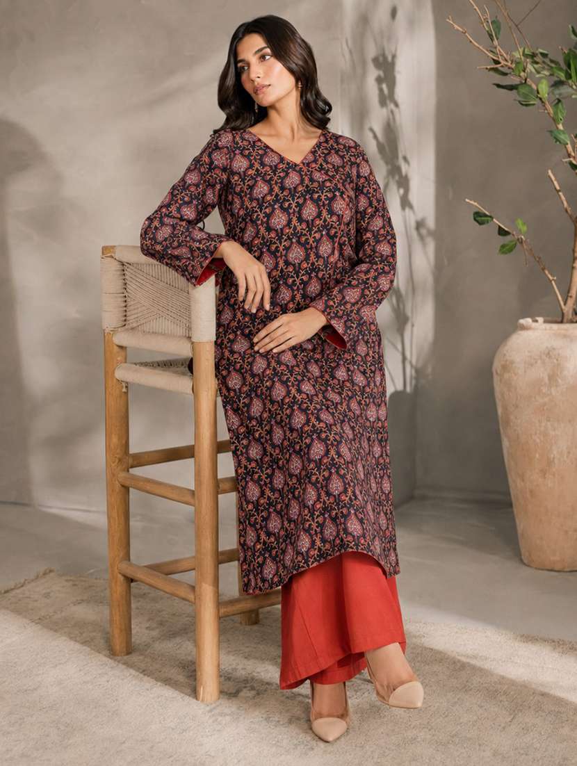 women printed long sleeve kurta pant set