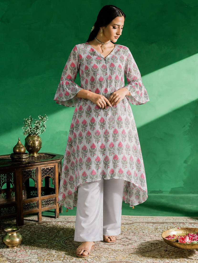 women printed bell sleeve kurta palazzo set