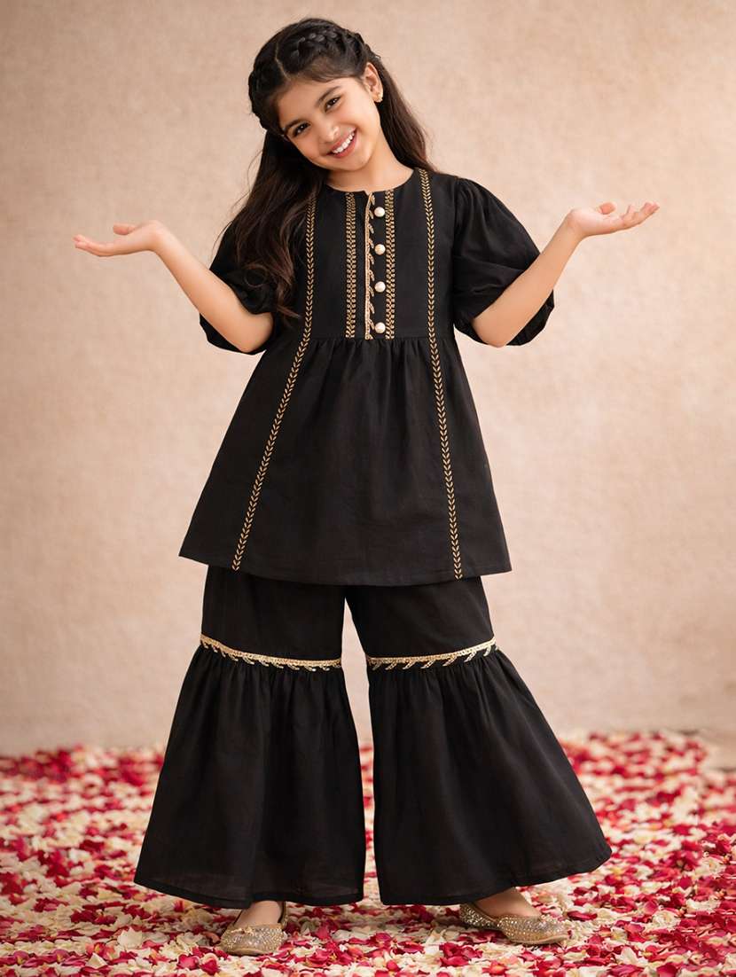 girls embroidered puff sleeves kurta sharara set