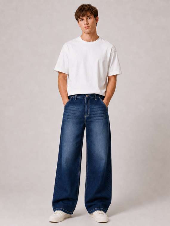 men washed mid rise full length baggy jeans