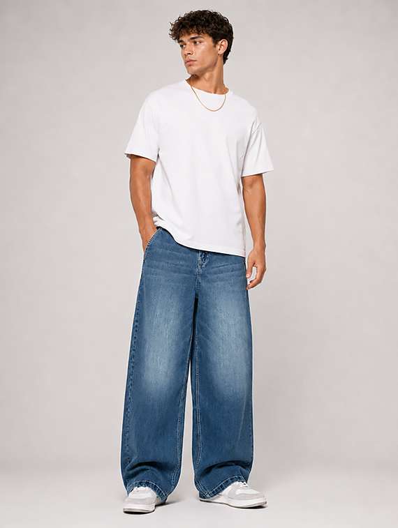 men washed mid rise full length baggy jeans