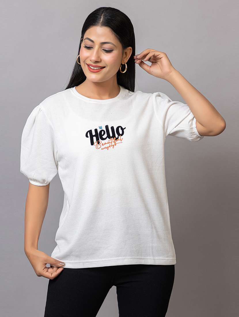 women printed puff sleeves regular fit t-shirt