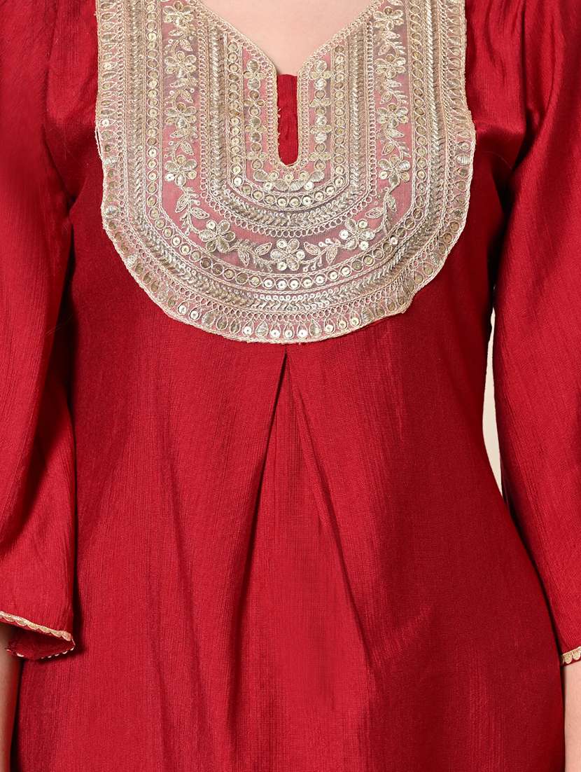 Women Solid With Work Bell Sleeve Kurta Pant With Dupatta Set - 22583269 -  Standard Image - 3