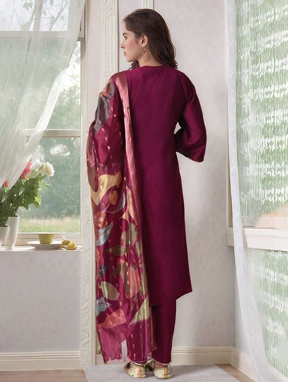women solid with work bell sleeve kurta pant with dupatta set - 22583287 -  Standard Image - 3