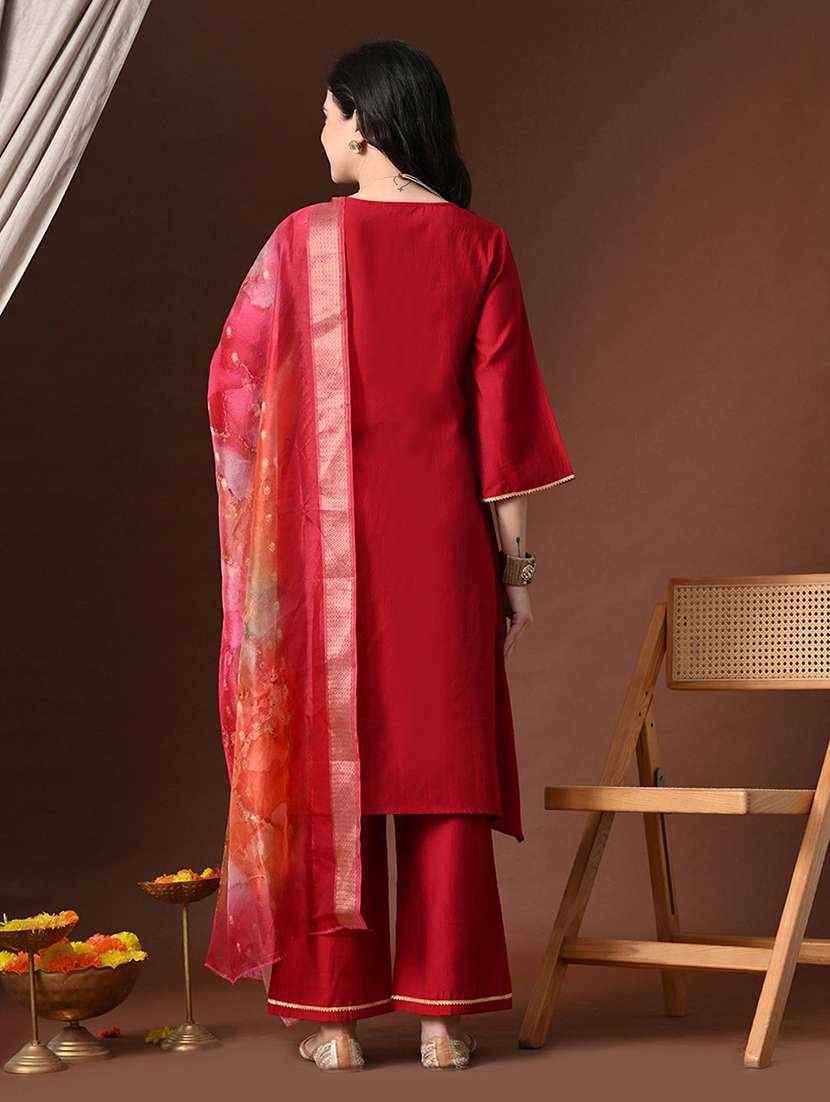 women solid with work bell sleeve kurta palazzo with dupatta set - 22583331 -  Standard Image - 3