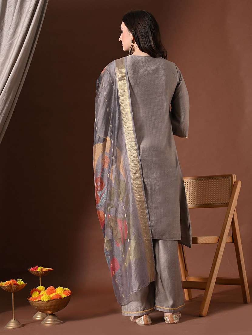 women solid with work bell sleeve kurta palazzo with dupatta set - 22583337 -  Standard Image - 3