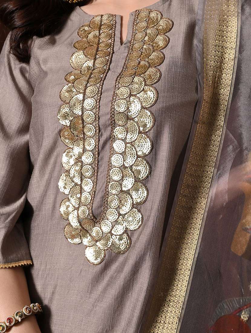 women solid with work bell sleeve kurta palazzo with dupatta set - 22583337 -  Standard Image - 5
