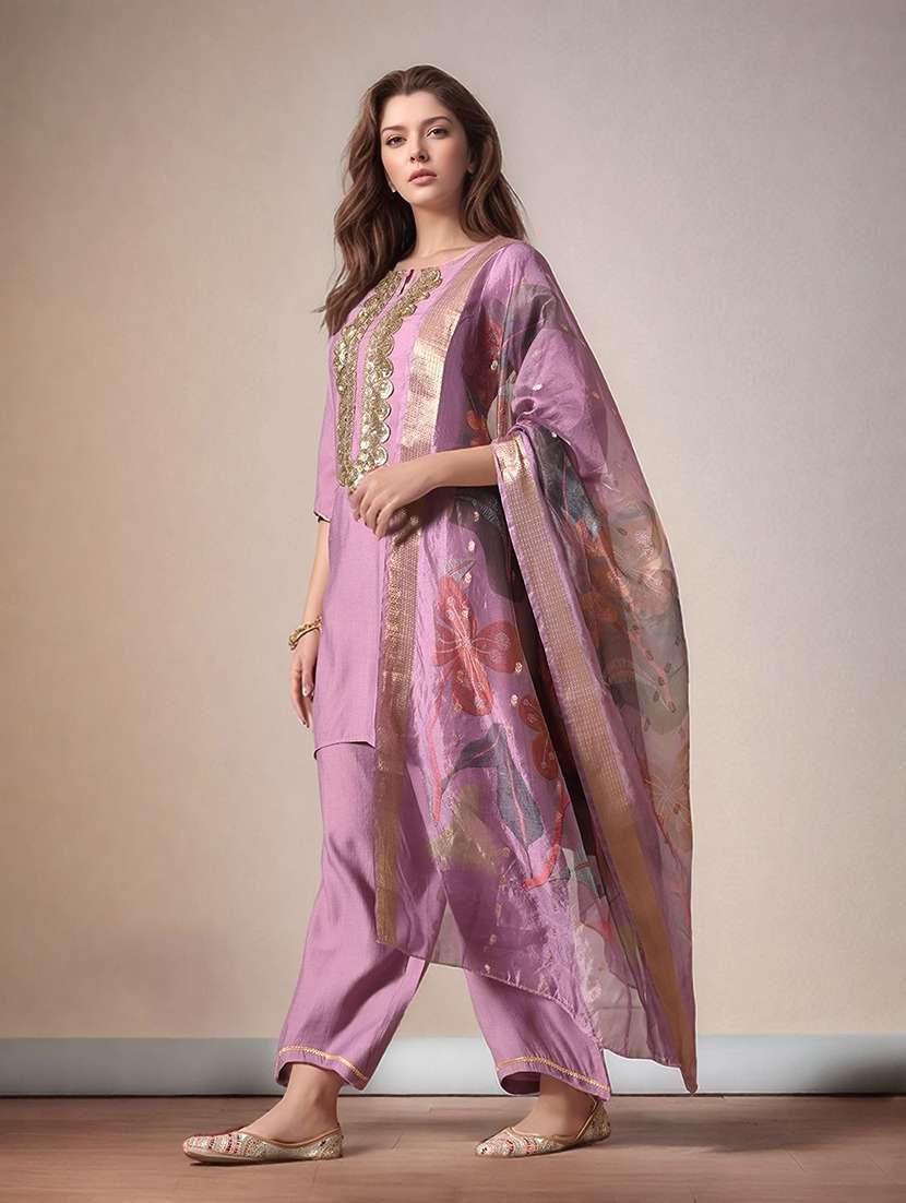 women solid with work notch neck kurta pant with dupatta set