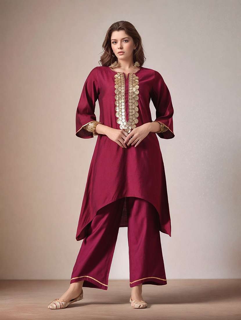 women solid with work notch neck kurta pant with dupatta set