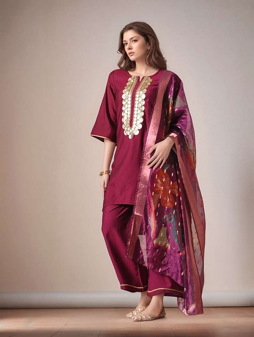 women solid with work notch neck kurta pant with dupatta set - 22583346 -  Standard Image - 3