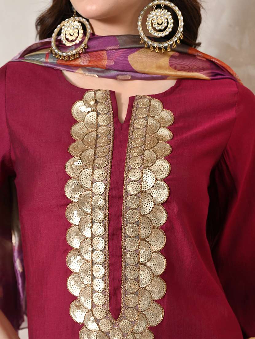 women solid with work notch neck kurta pant with dupatta set - 22583346 -  Standard Image - 5