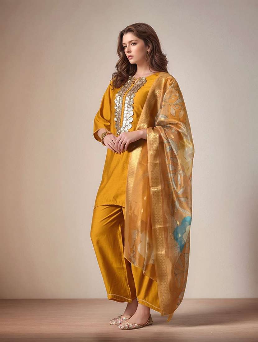 women solid with work notch neck kurta pant with dupatta set - 22583347 -  Standard Image - 3