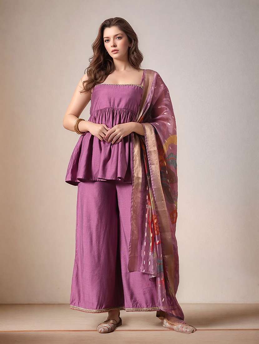 women solid shoulder strap kurta palazzo with dupatta set