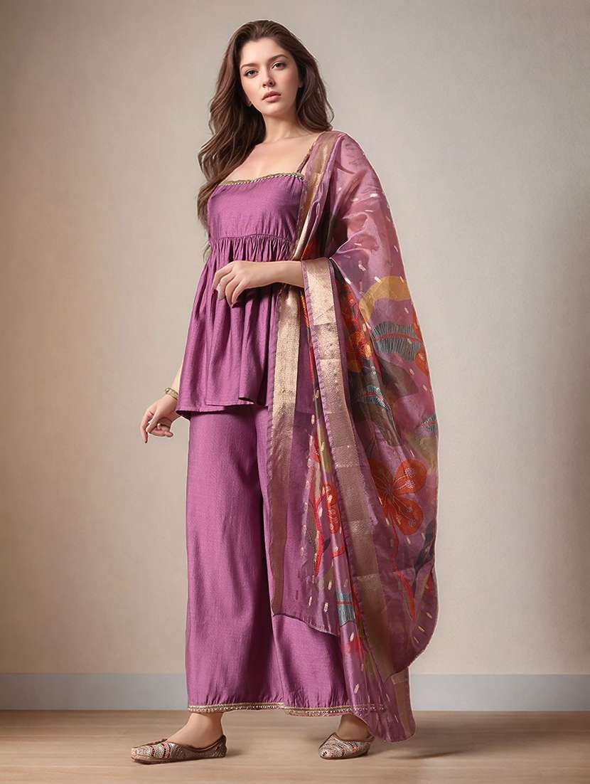 Women Solid Shoulder Strap Kurta Palazzo With Dupatta Set - 22583349 -  Standard Image - 3