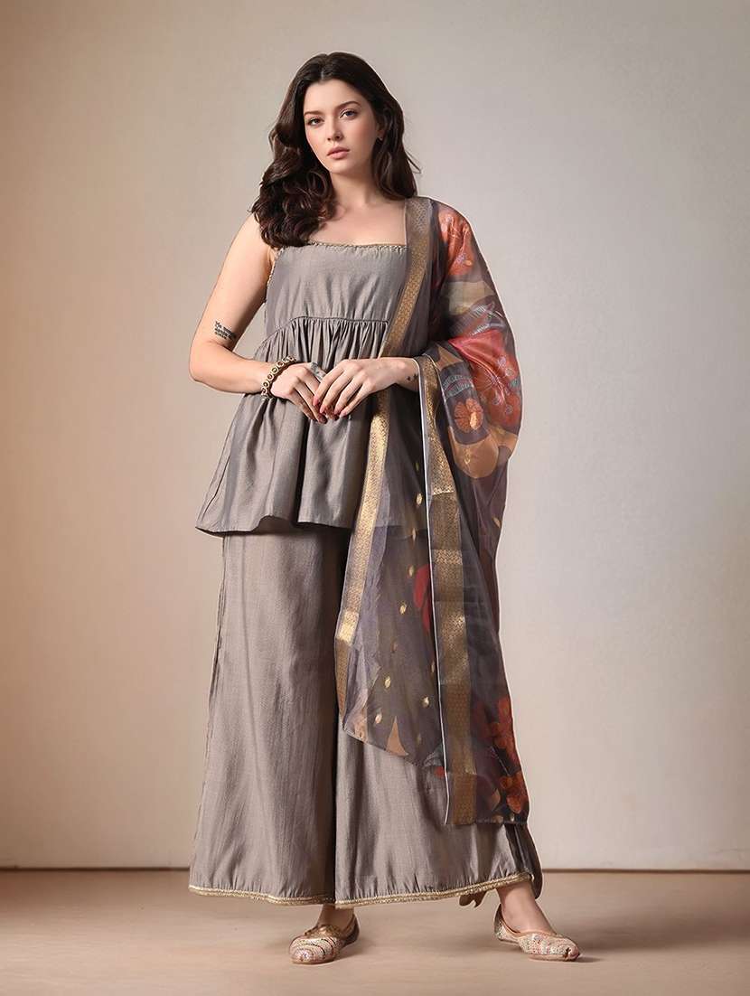 women solid shoulder strap kurta palazzo with dupatta set