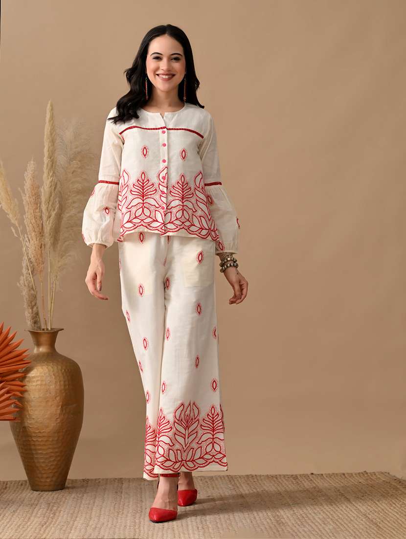 women embroidered long sleeves top and palazzo co-ord set