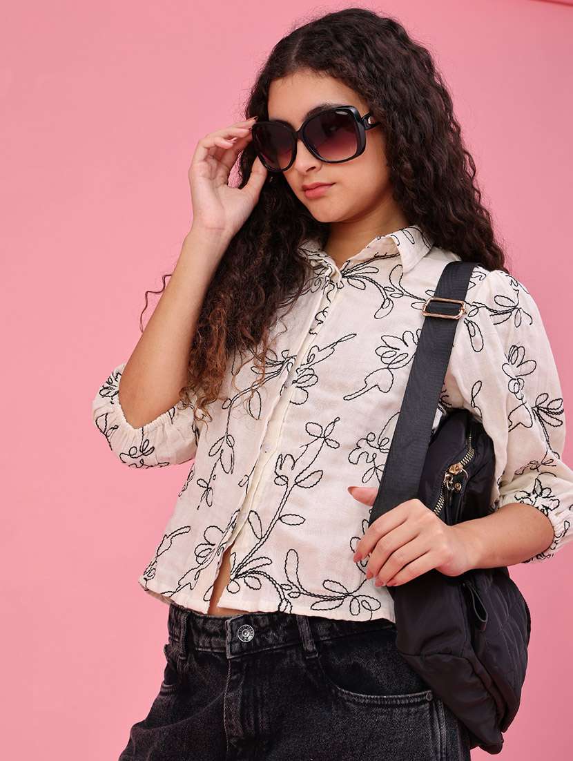 women embroidered three quarter sleeves regular fit shirt