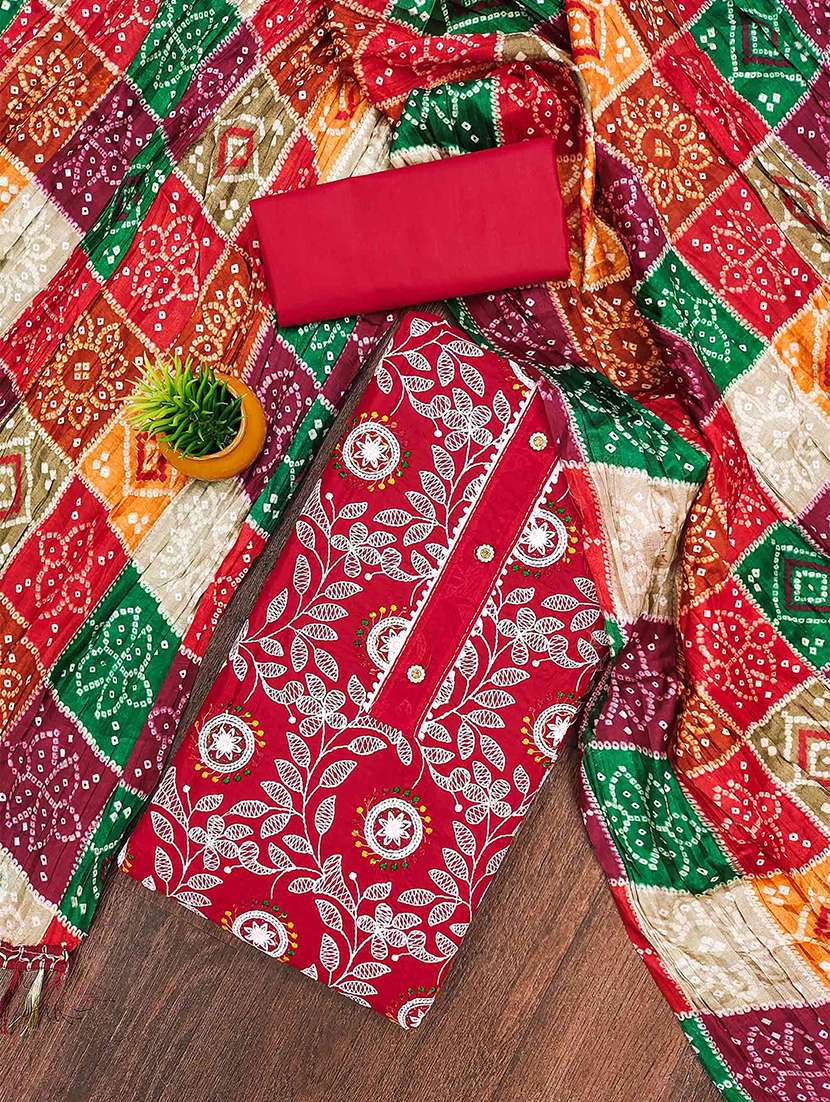 women solid with work unstitched suit set