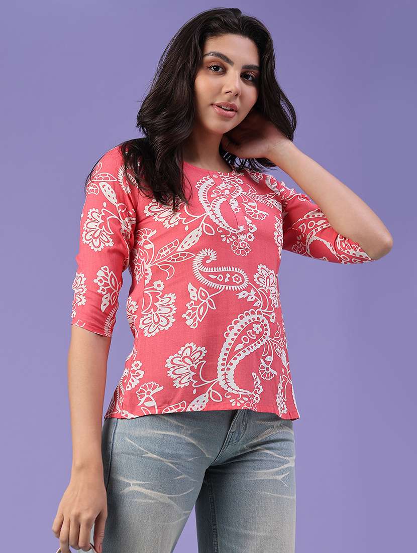 Women Printed Three Quarter Sleeves Straight Kurti - 22585631 -  Standard Image - 3