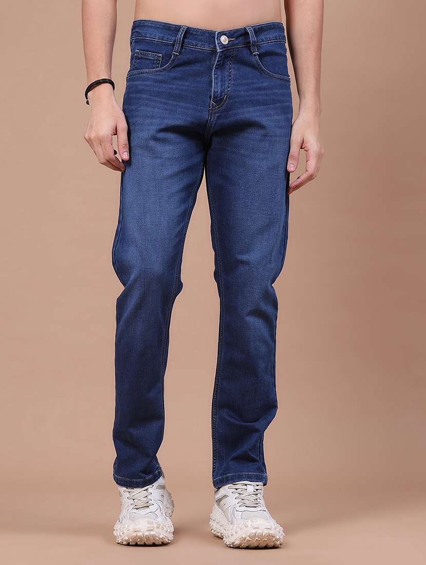 men washed mid rise full length straight jeans