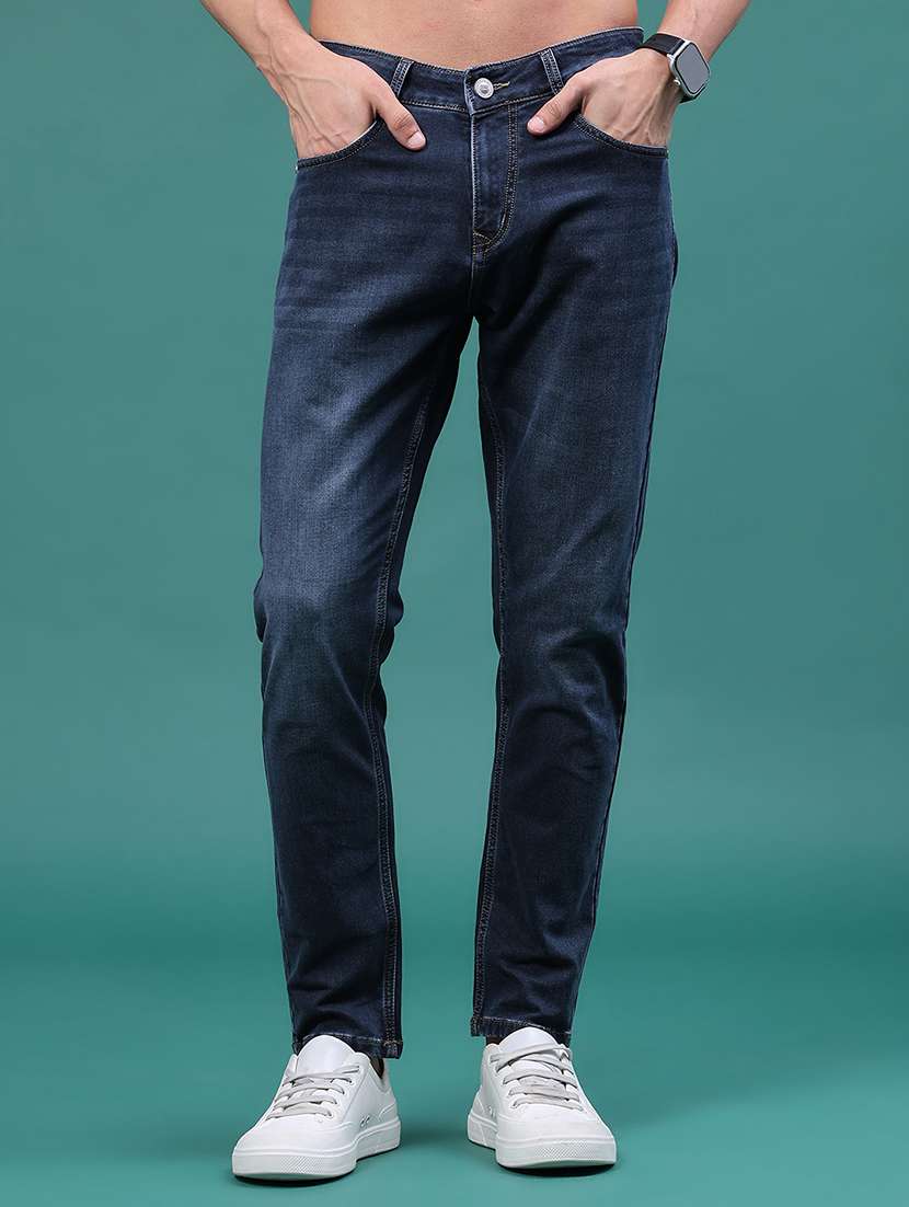 men washed mid rise full length slim fit jeans