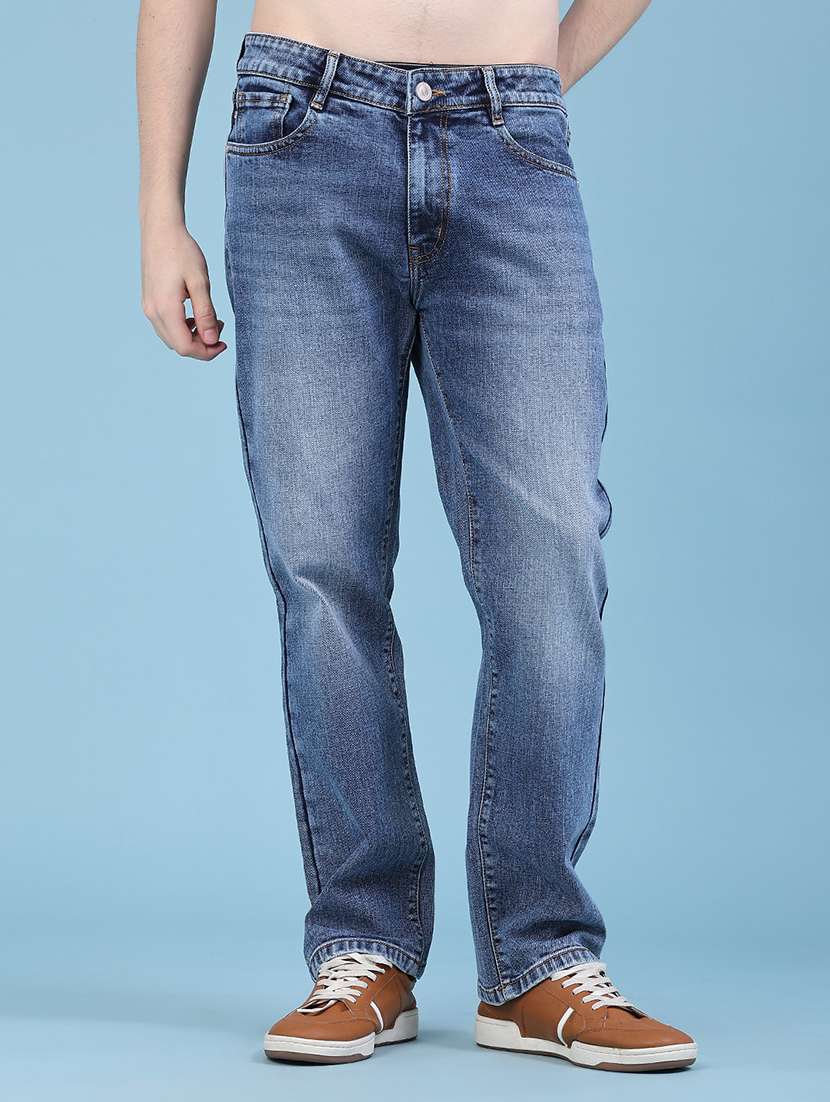 men washed mid rise full length straight jeans
