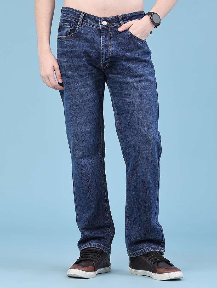 men washed mid rise full length straight jeans
