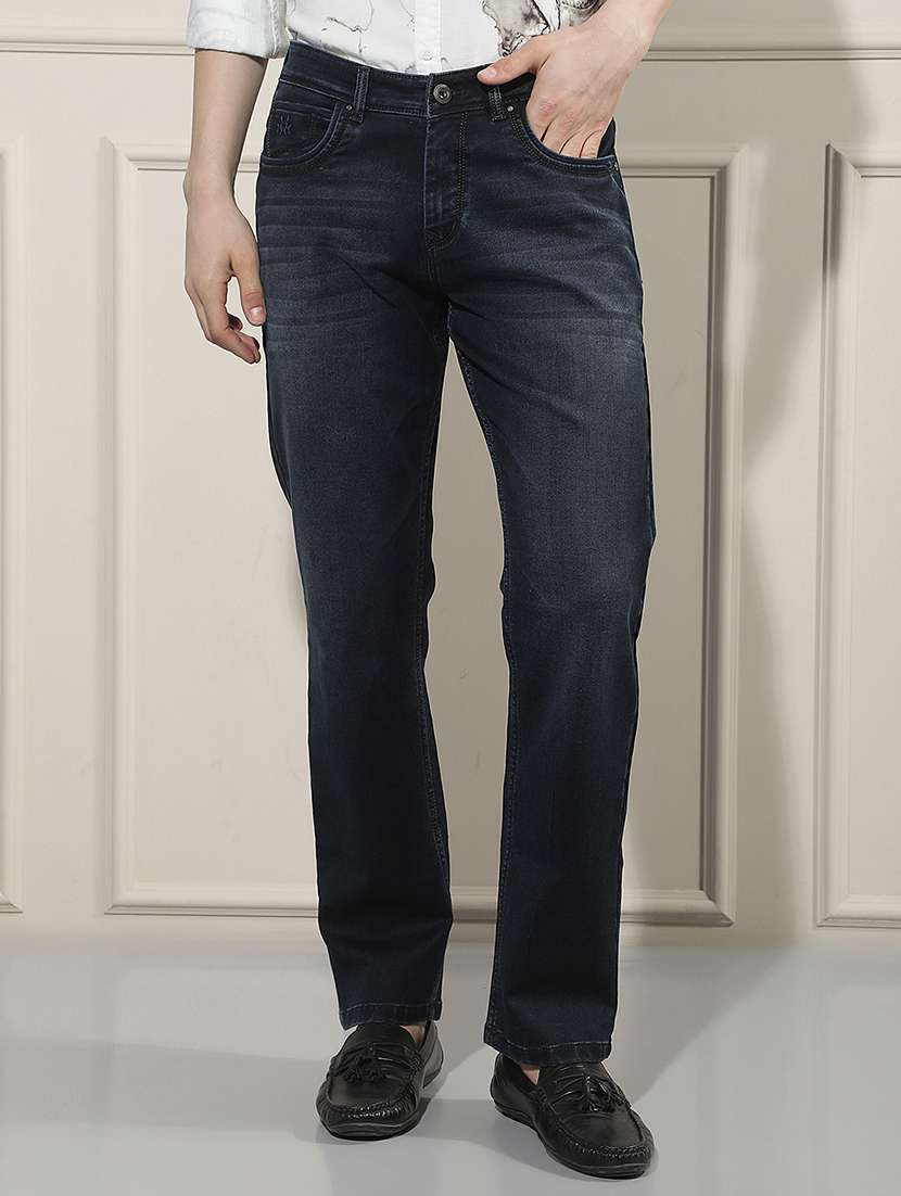 men washed mid rise full length straight jeans