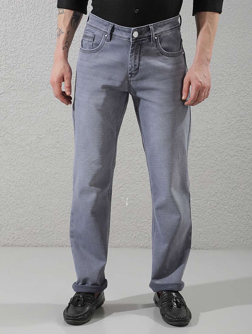 men washed mid rise full length straight jeans