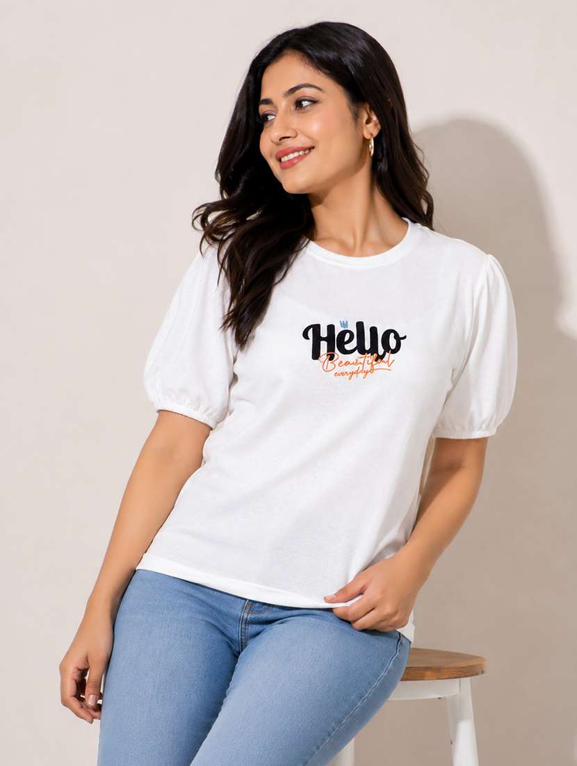 women printed puff sleeves regular fit t-shirt