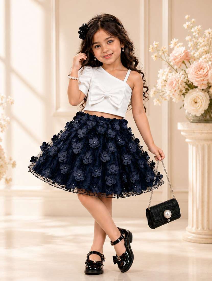 girls solid with work puff sleeves top and skirt set