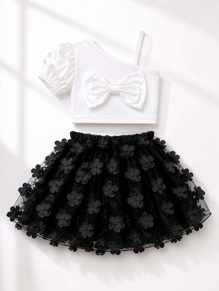 girls solid with work puff sleeves top and skirt set - 22587599 -  Standard Image - 3