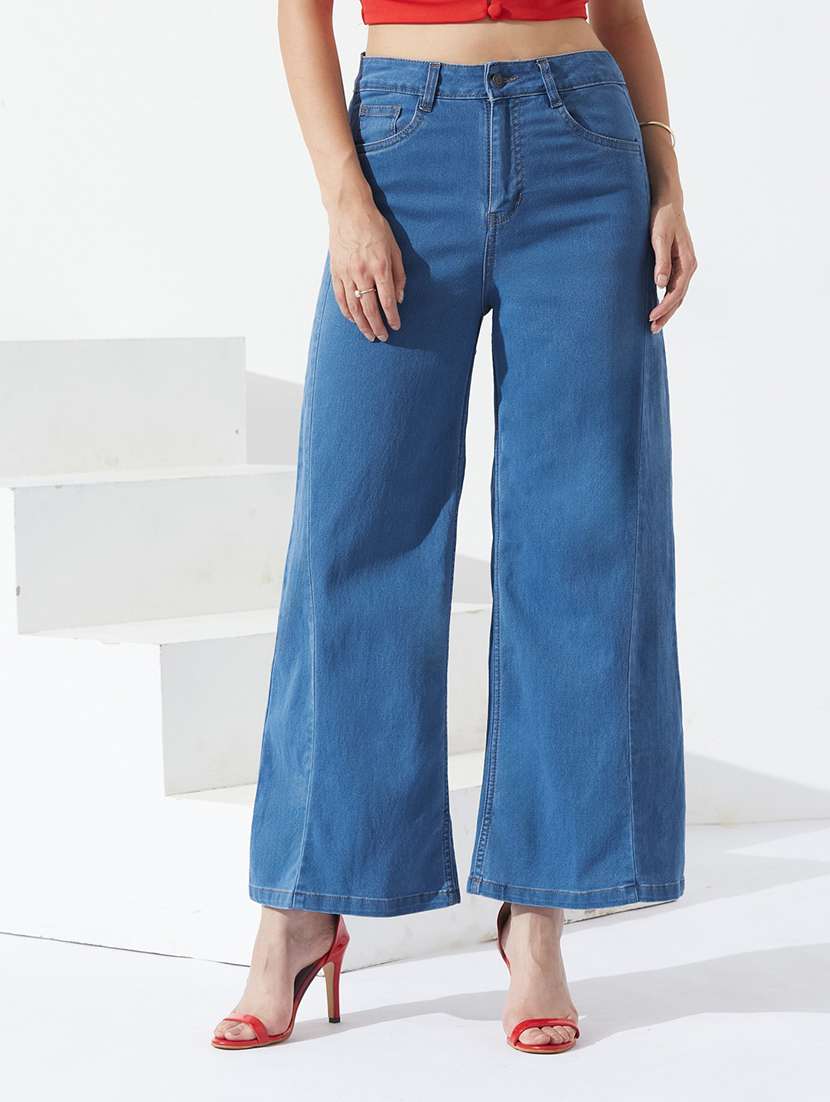 women solid high rise wide leg jeans