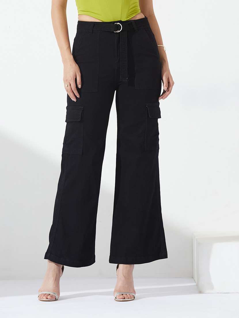 women solid high rise cargo jeans