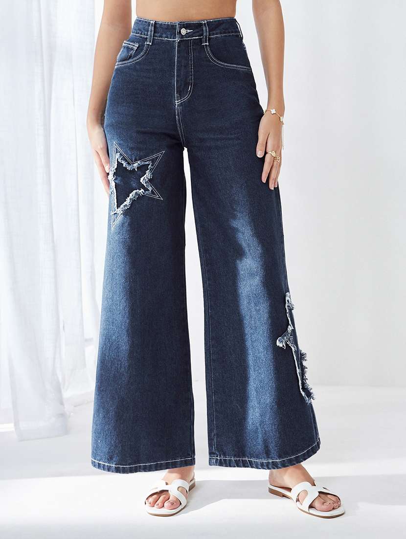 women distressed high rise wide leg jeans