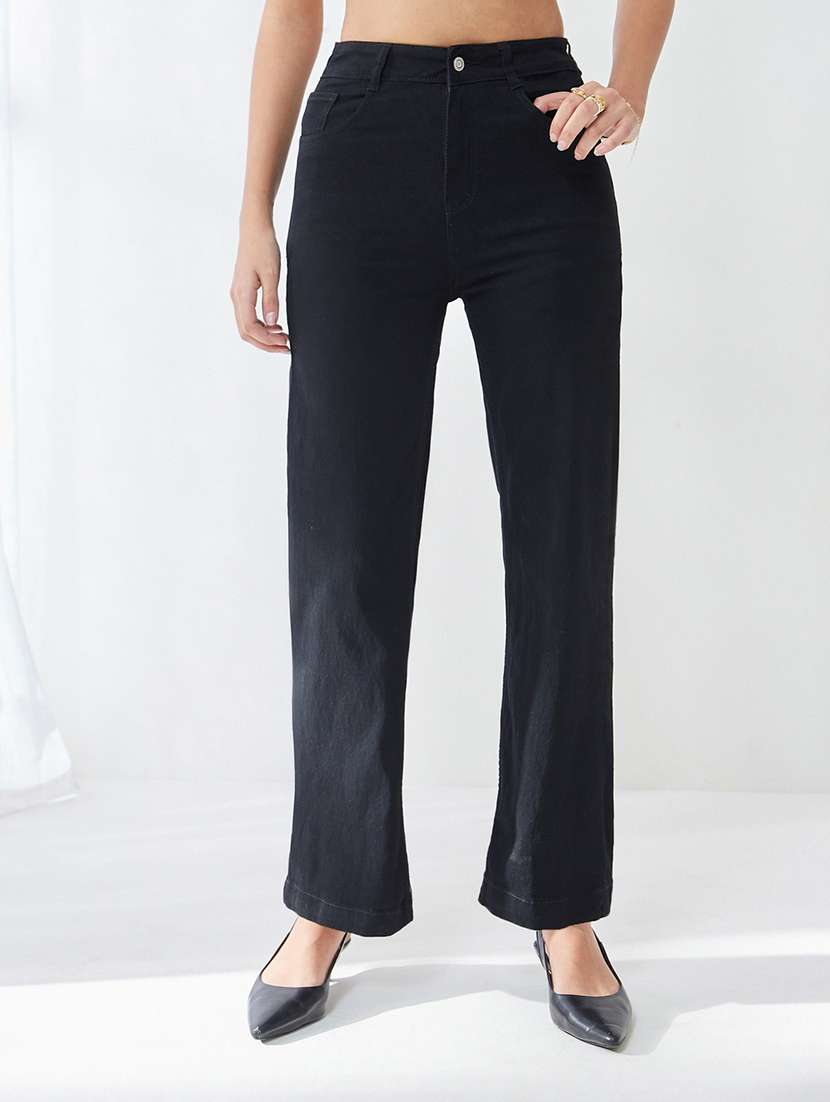 women solid high rise straight jeans