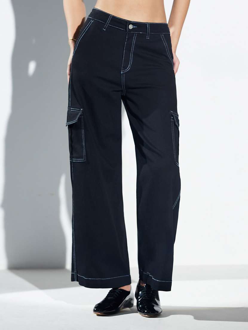 women solid high rise cargo jeans